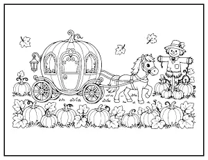 Pumpkin Carriage and Pony in the Patch coloring page – printable line art
