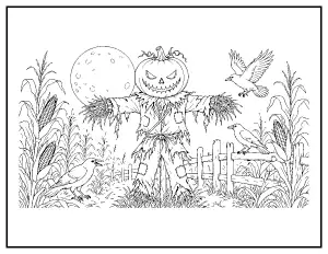 Pumpkin-Head Scarecrow in the Cornfield coloring page – printable line art