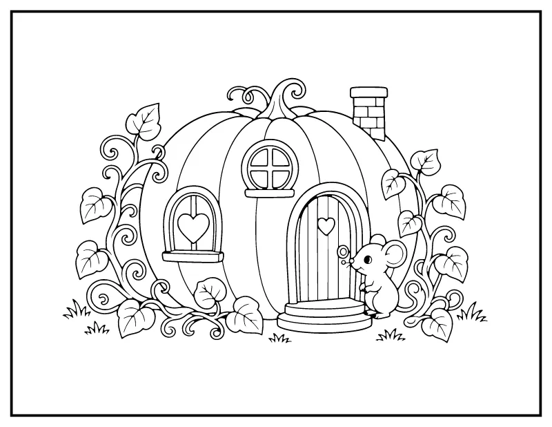 Mouse at the Pumpkin House coloring page – printable black and white line art