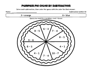 Pumpkin Pie Color by Subtraction (Within 10) coloring page – printable line art