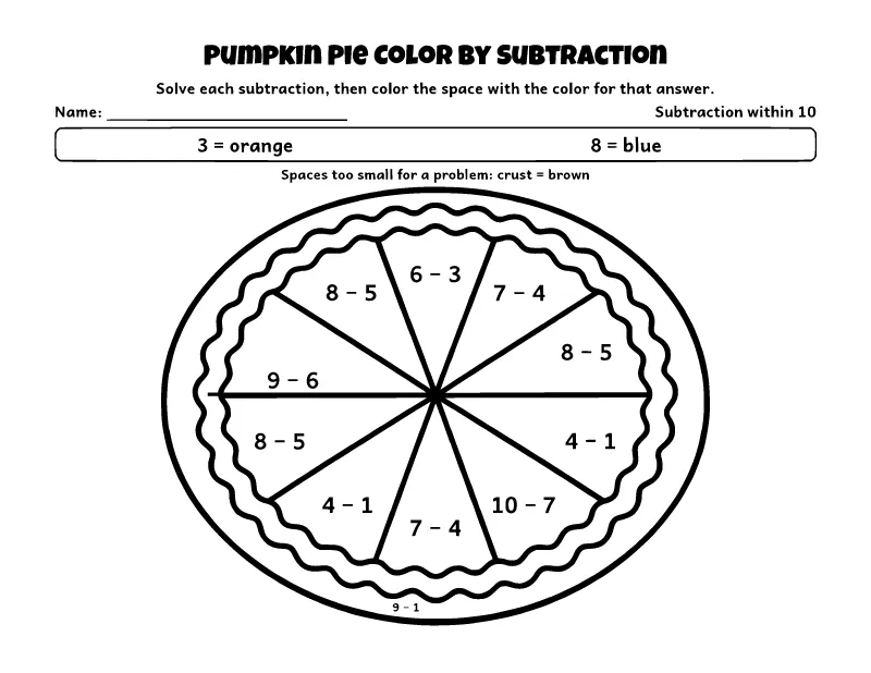Pumpkin Pie Color by Subtraction (Within 10) coloring page – printable black and white line art
