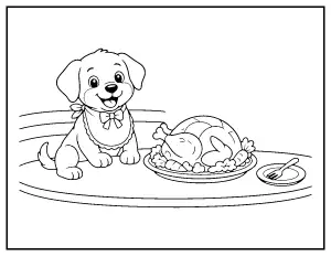 Puppy in a Bib with Thanksgiving Dinner coloring page – printable line art