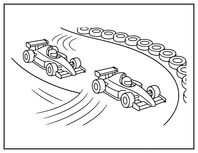 Race Cars on a Curved Track coloring page – printable black and white line art