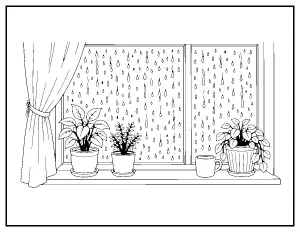 Rainy Window with Houseplants coloring page – printable line art
