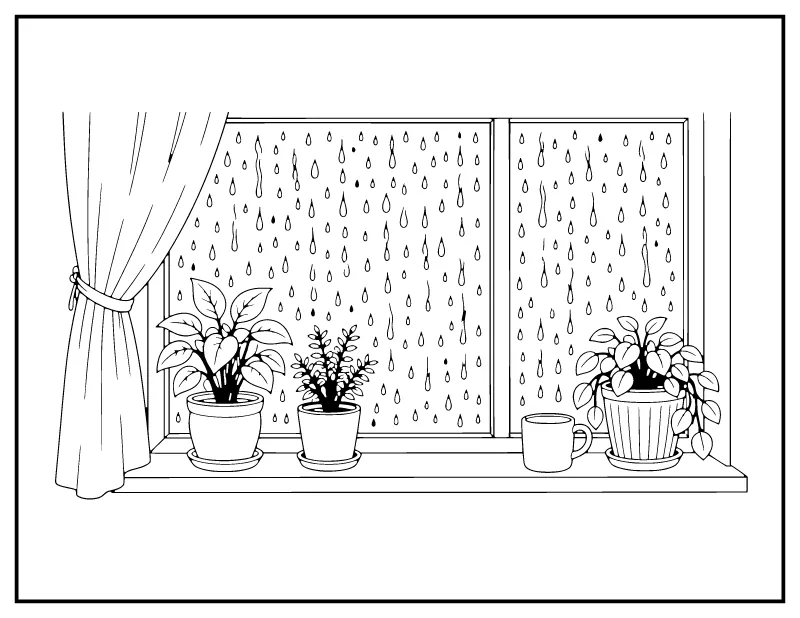 Rainy Window with Houseplants coloring page – printable black and white line art