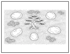 Raked Sand Zen Rock Garden coloring page – printable line art