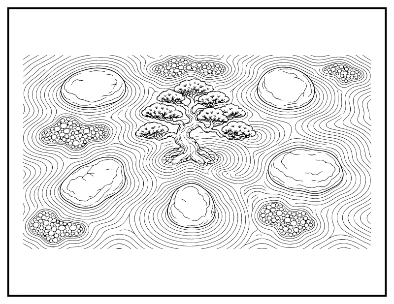 Raked Sand Zen Rock Garden coloring page – printable black and white line art