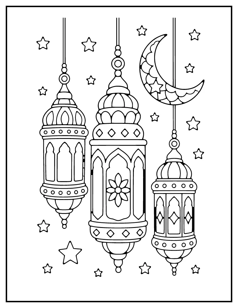 Ramadan Lanterns and Crescent Moon coloring page – printable black and white line art