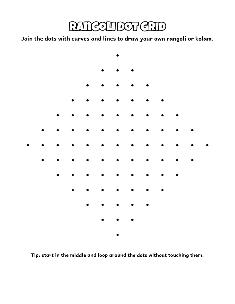 Rangoli Dot Grid coloring page – printable black and white line art