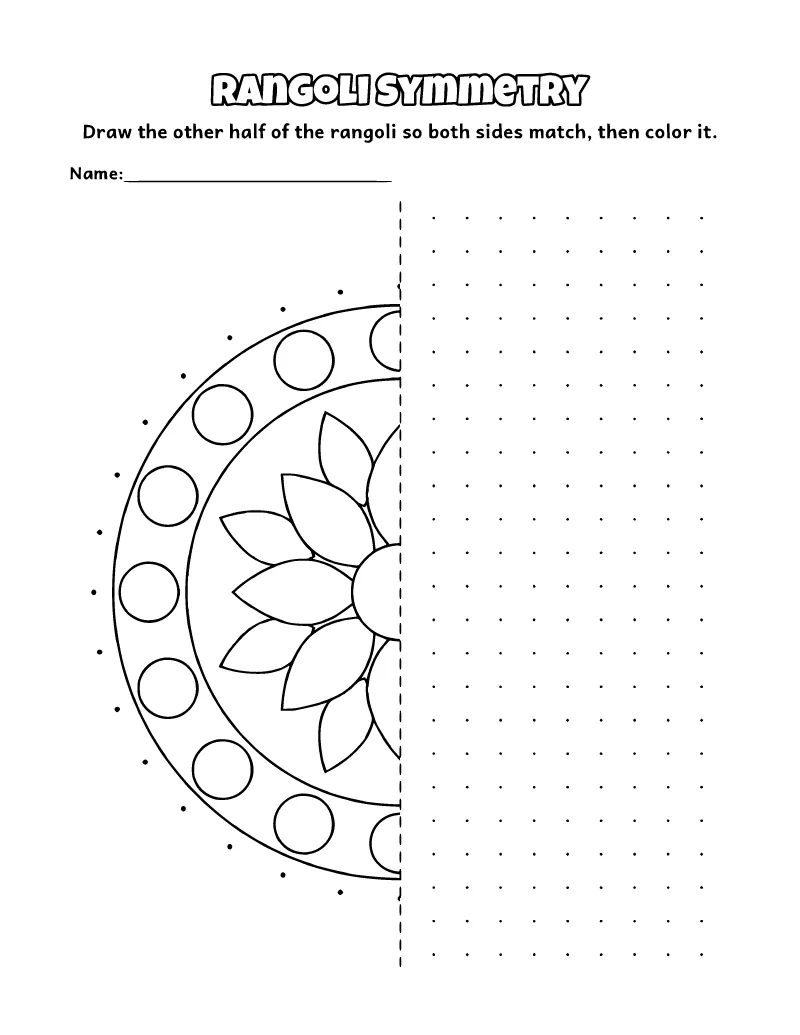 Rangoli Symmetry Worksheet: Flower coloring page – printable black and white line art