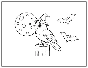 Raven in a Witch Hat on a Fence Post coloring page – printable line art