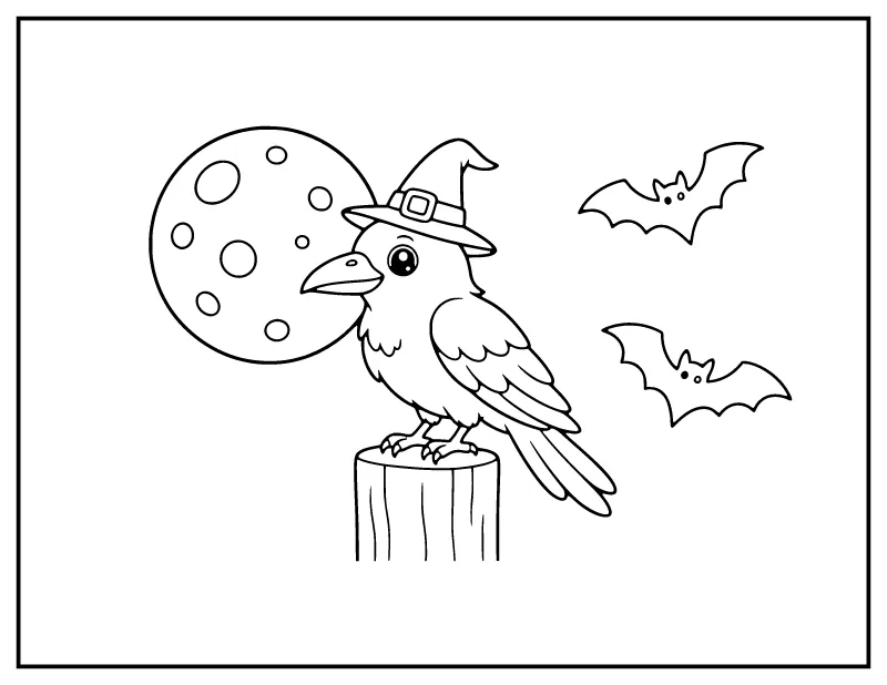 Raven in a Witch Hat on a Fence Post coloring page – printable black and white line art