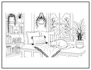 Reading Nook with a Sleeping Cat coloring page – printable line art