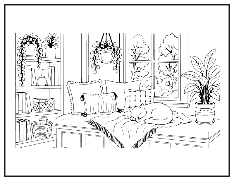 Reading Nook with a Sleeping Cat coloring page – printable black and white line art