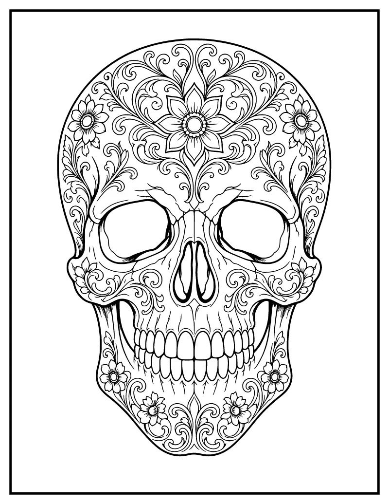 Realistic Ornate Sugar Skull coloring page – printable black and white line art