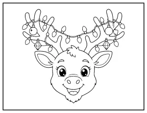 Reindeer Face with Christmas Lights coloring page – printable line art