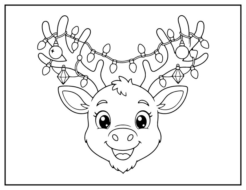 Reindeer Face with Christmas Lights coloring page – printable black and white line art