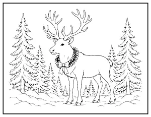 Reindeer with a Wreath in a Snowy Forest coloring page – printable line art