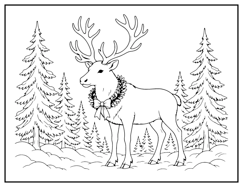 Reindeer with a Wreath in a Snowy Forest coloring page – printable black and white line art