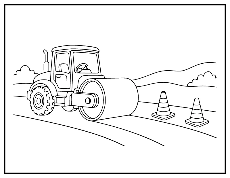 Road Roller coloring page – printable black and white line art