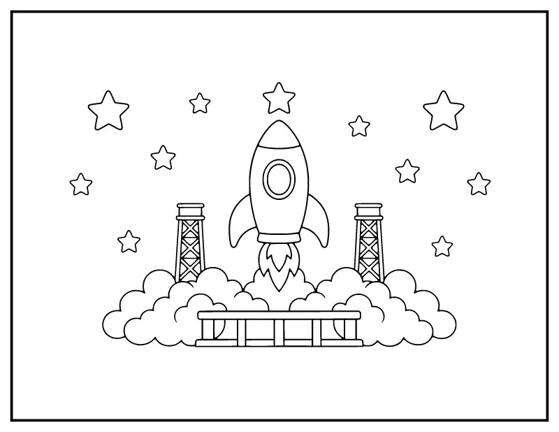 Rocket Launch coloring page – printable black and white line art