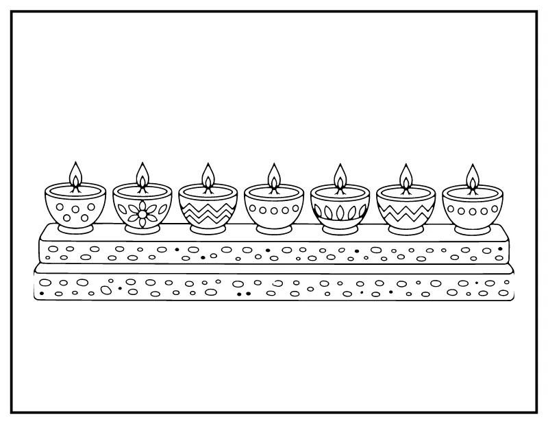 Row of Diyas on the Steps coloring page – printable black and white line art