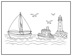 Sailboat and Tugboat in the Harbor coloring page – printable line art
