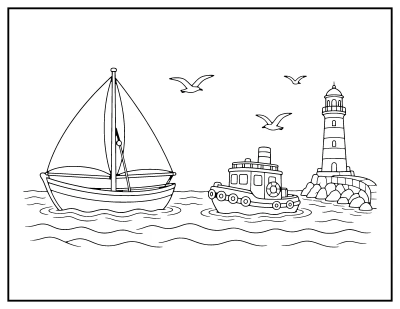 Sailboat and Tugboat in the Harbor coloring page – printable black and white line art