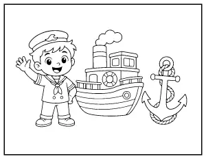 Sailor, Ship and Anchor for Kids coloring page – printable line art
