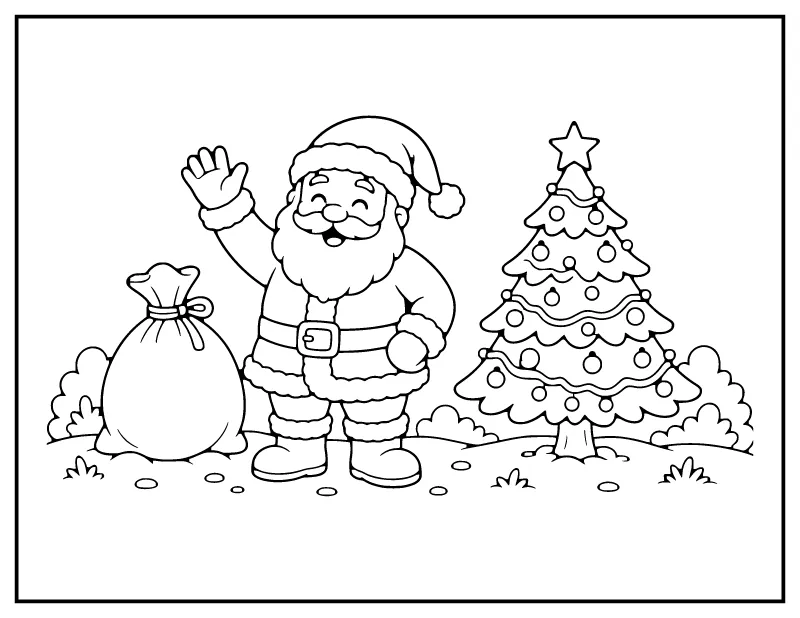Santa Claus Waving coloring page – printable black and white line art