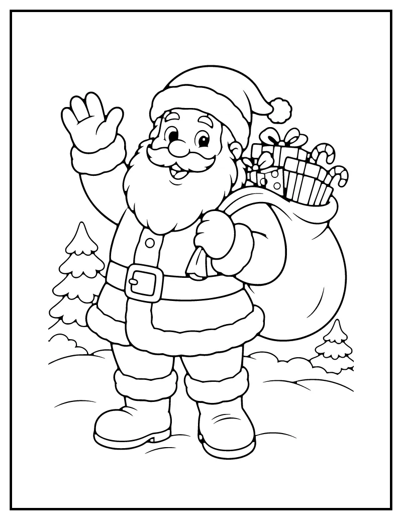 Santa Claus with Gift Sack coloring page – printable black and white line art
