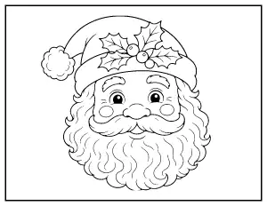 Santa Face with Holly Hat coloring page – printable line art