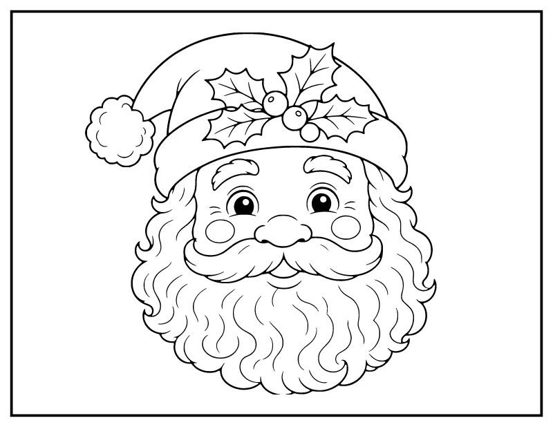 Santa Face with Holly Hat coloring page – printable black and white line art