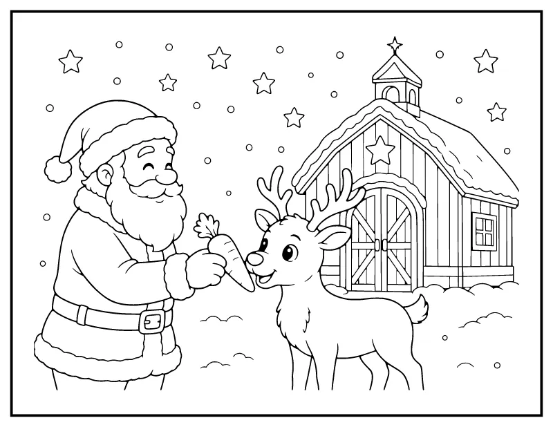 Santa Feeding a Reindeer a Carrot coloring page – printable black and white line art