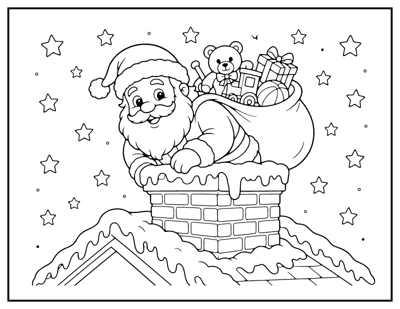 Santa in the Chimney with a Toy Sack coloring page – printable black and white line art