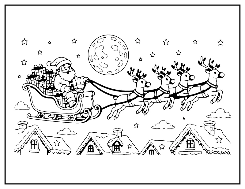 Santa in His Sleigh coloring page – printable black and white line art