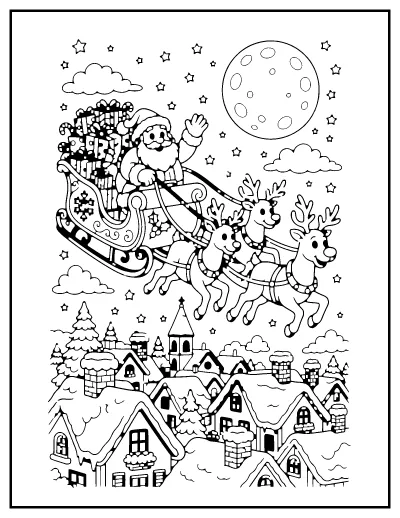 Santa Sleigh over the Rooftops coloring page – printable line art