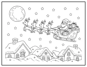 Santa's Sleigh and Reindeer over the Rooftops coloring page – printable line art