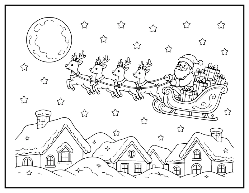 Santa's Sleigh and Reindeer over the Rooftops coloring page – printable black and white line art
