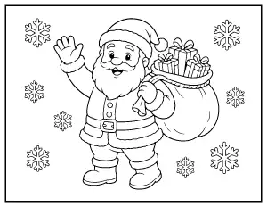 Santa Waving with a Sack of Presents coloring page – printable line art