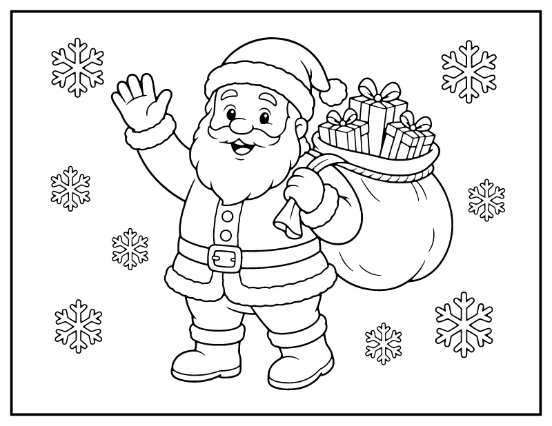 Santa Waving with a Sack of Presents coloring page – printable black and white line art