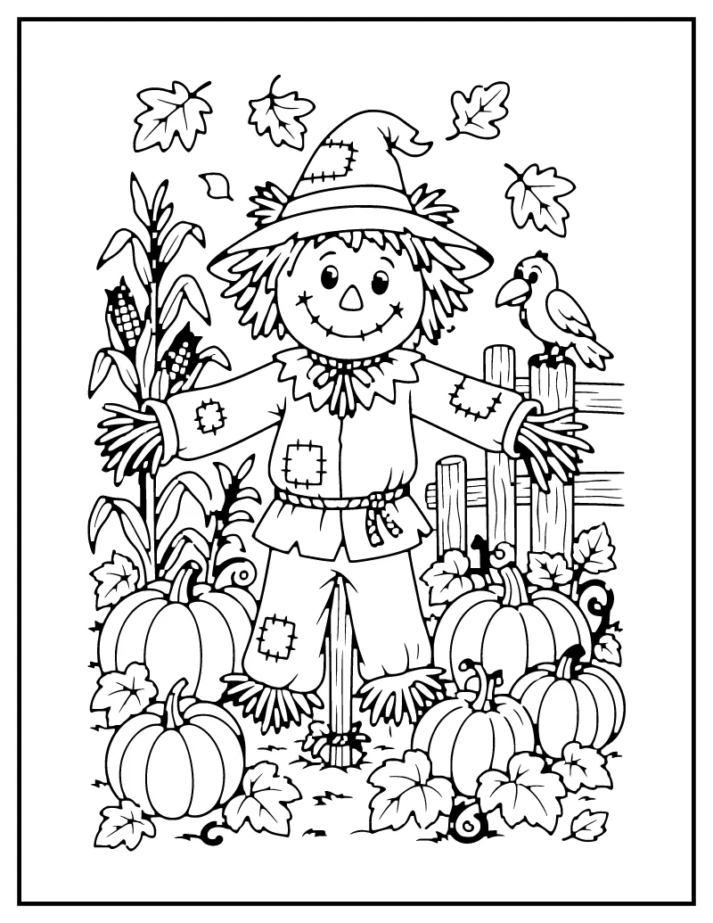 Scarecrow in the Pumpkin Patch coloring page – printable black and white line art