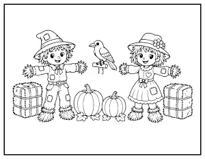 Scarecrow Pair with Hay Bales and Pumpkins coloring page – printable line art