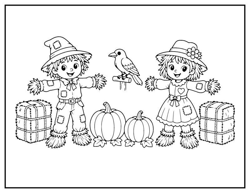 Scarecrow Pair with Hay Bales and Pumpkins coloring page – printable black and white line art