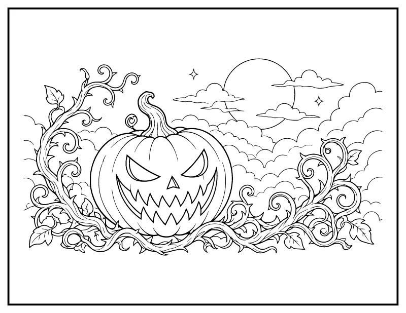 Scary Evil Jack-o-Lantern coloring page – printable black and white line art