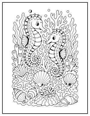 Seahorses on the Coral Reef coloring page – printable line art