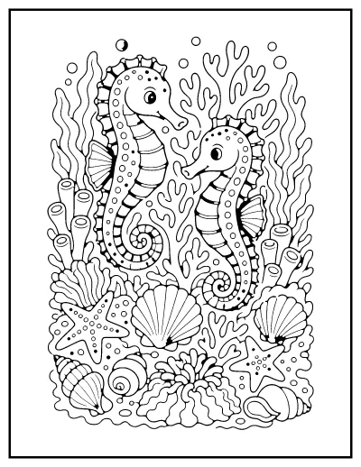 Seahorses on the Coral Reef coloring page – printable line art