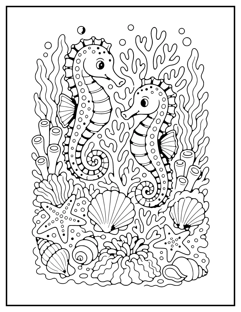 Seahorses on the Coral Reef coloring page – printable black and white line art