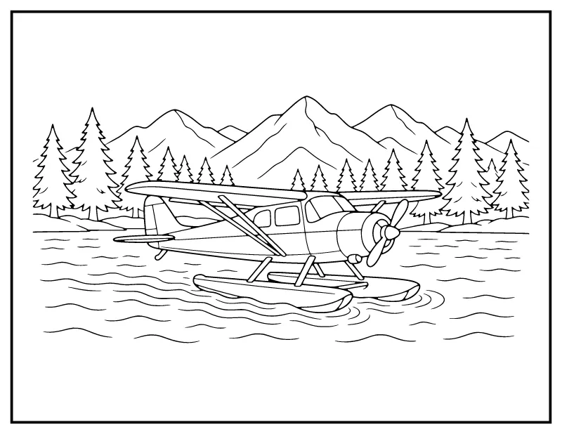 Seaplane on the Lake coloring page – printable black and white line art