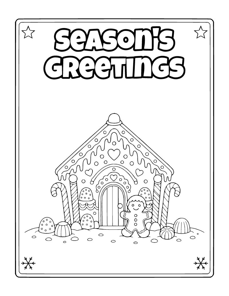 Season's Greetings Gingerbread Poster coloring page – printable black and white line art